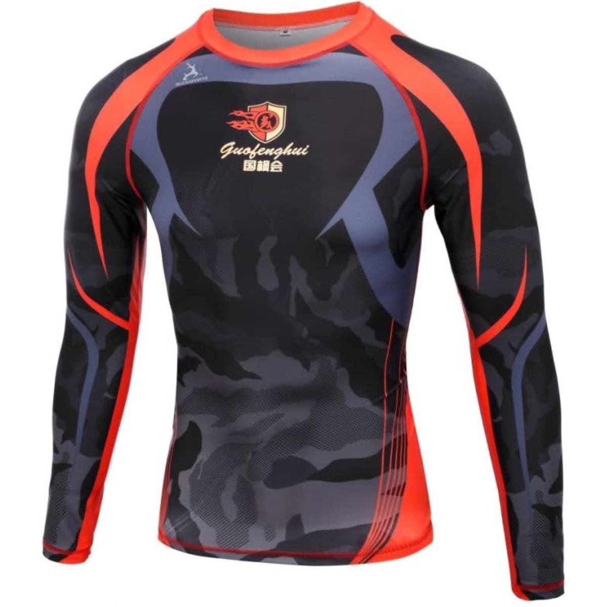 A long-sleeve compression tee featuring a red and black camo design with grey accents and a logo on the front.