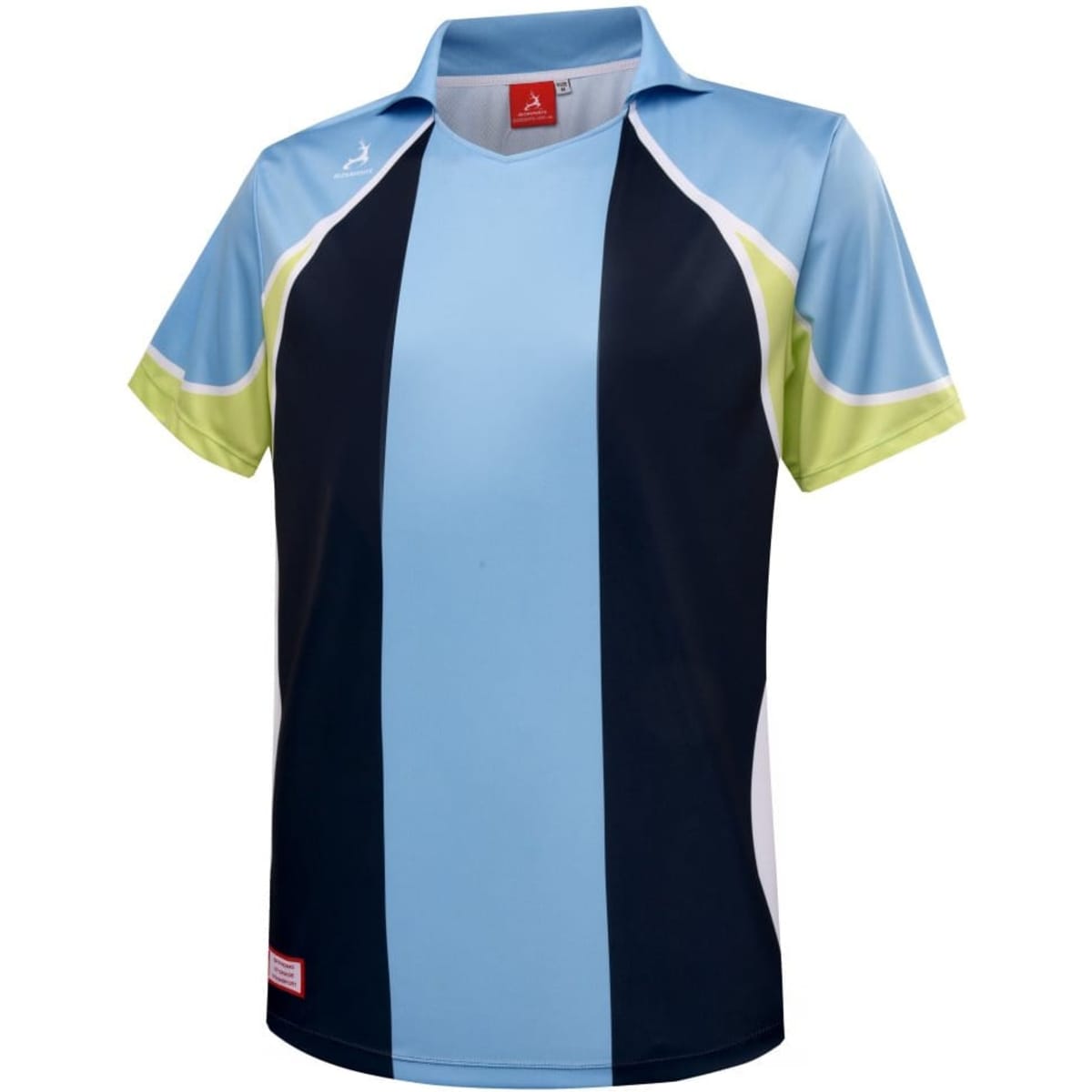 A blue and navy soccer polo shirt with light green accents and a logo on the chest.
