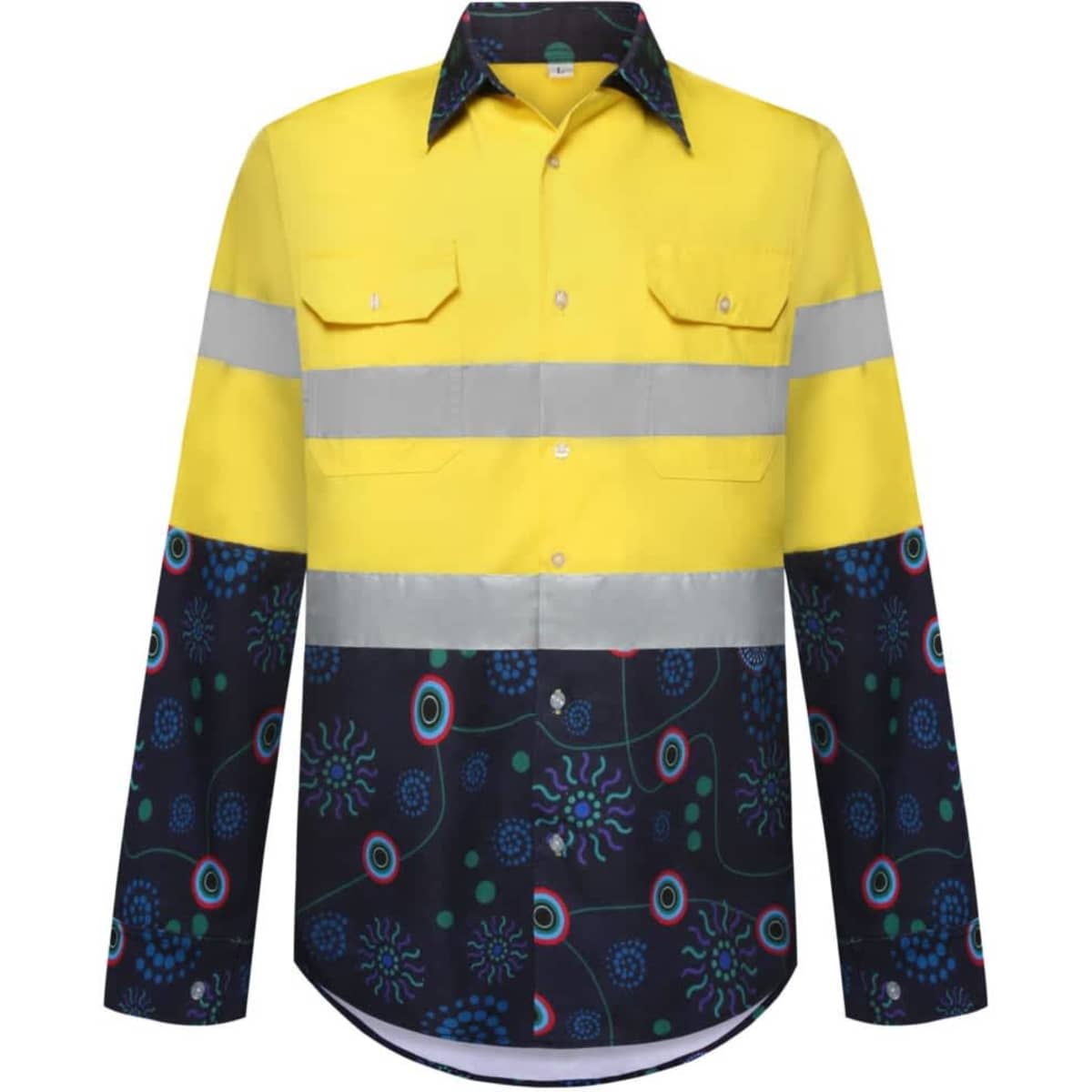 A bright yellow cotton Hawaiian shirt with reflective stripes and a dark patterned design on the lower half.