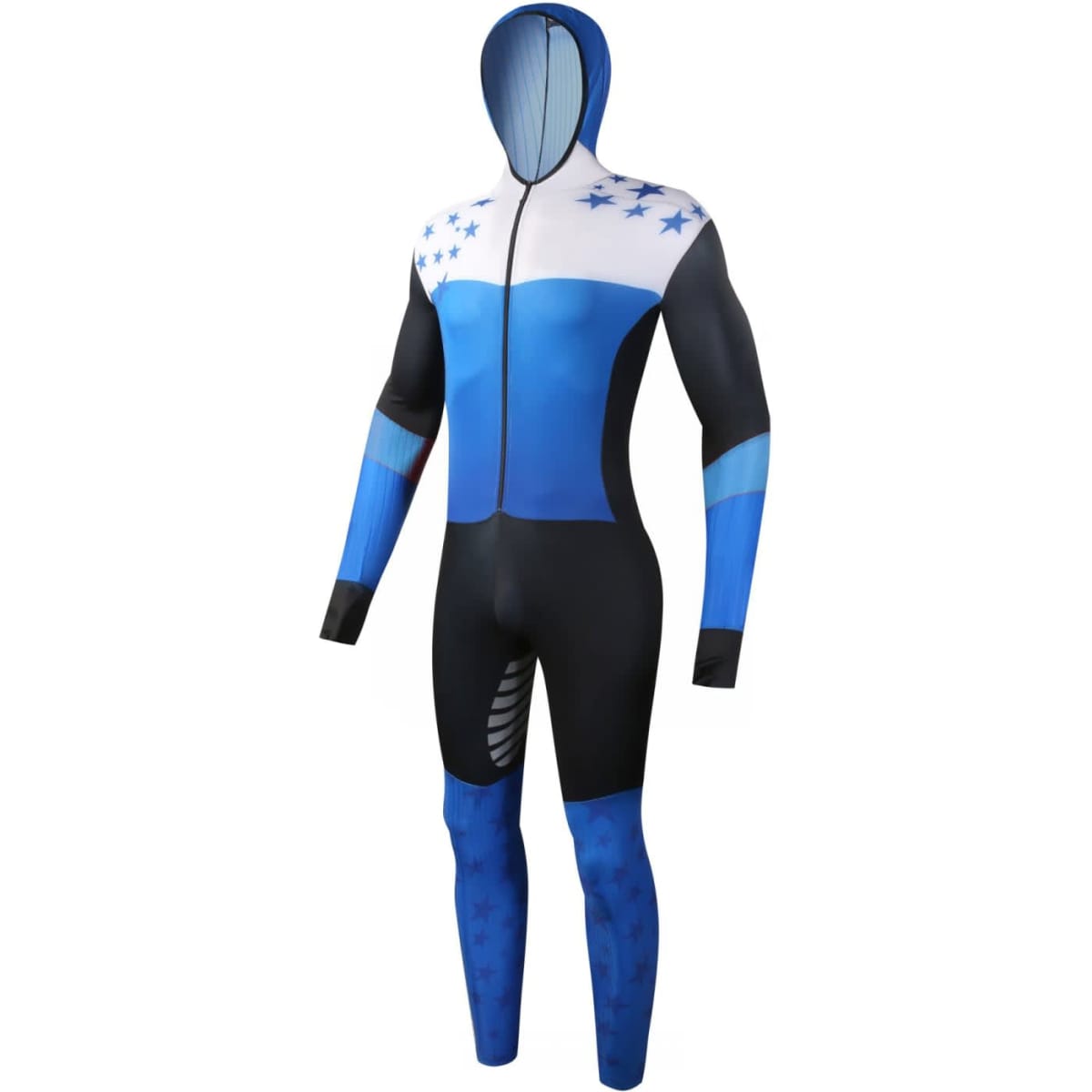 A full-body long track speed skating suit featuring blue, black, and white colours with a hood and a logo.