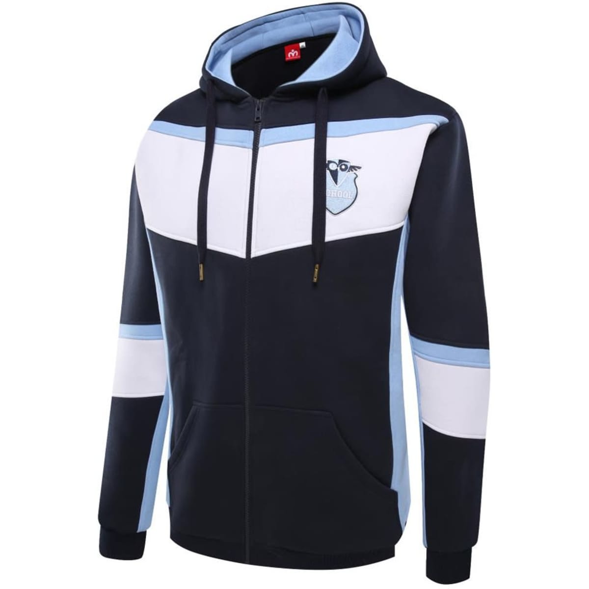 A navy and light blue polar fleece hoodie featuring a zip front and a logo.