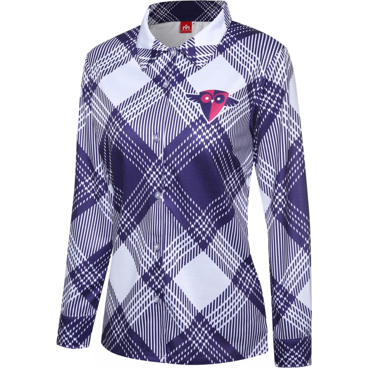 A flannel women's shirt in purple and white with a geometric plaid pattern and a logo on the left chest.