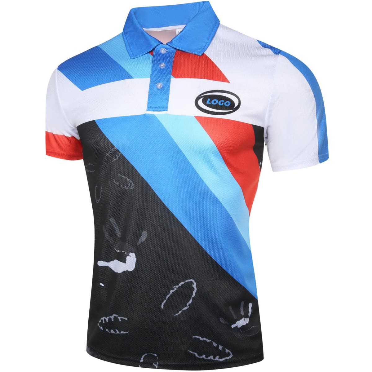 A polo shirt featuring blue, red, and black colours with a patterned design and a logo.