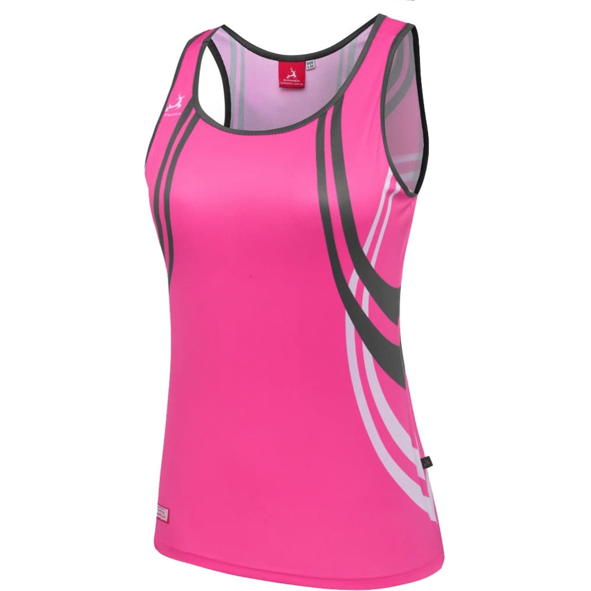 A pink athletic singlet with black and white design elements and a logo on the front.