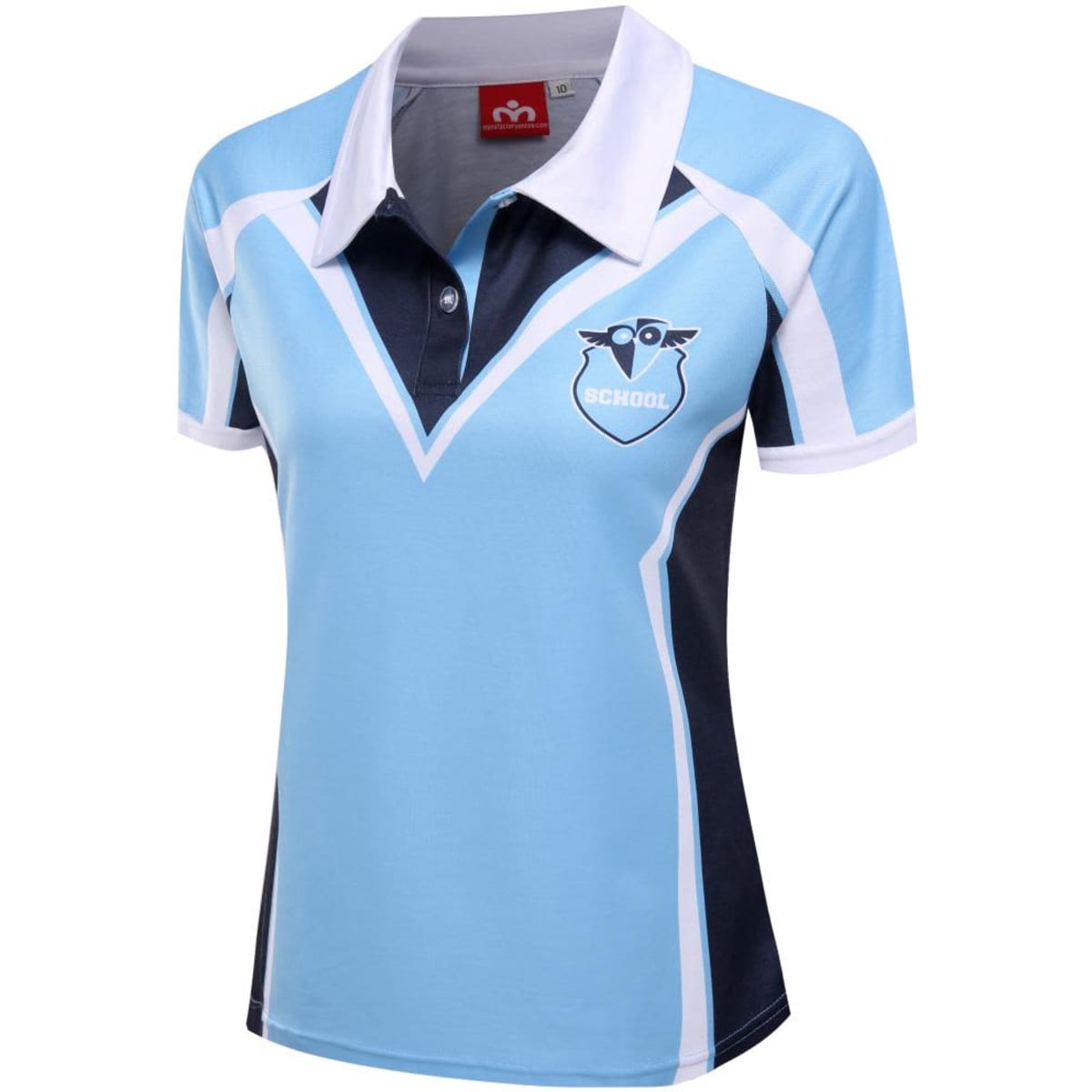 A light blue and navy polo shirt for ladies, featuring a logo on the chest and contrast white detailing.