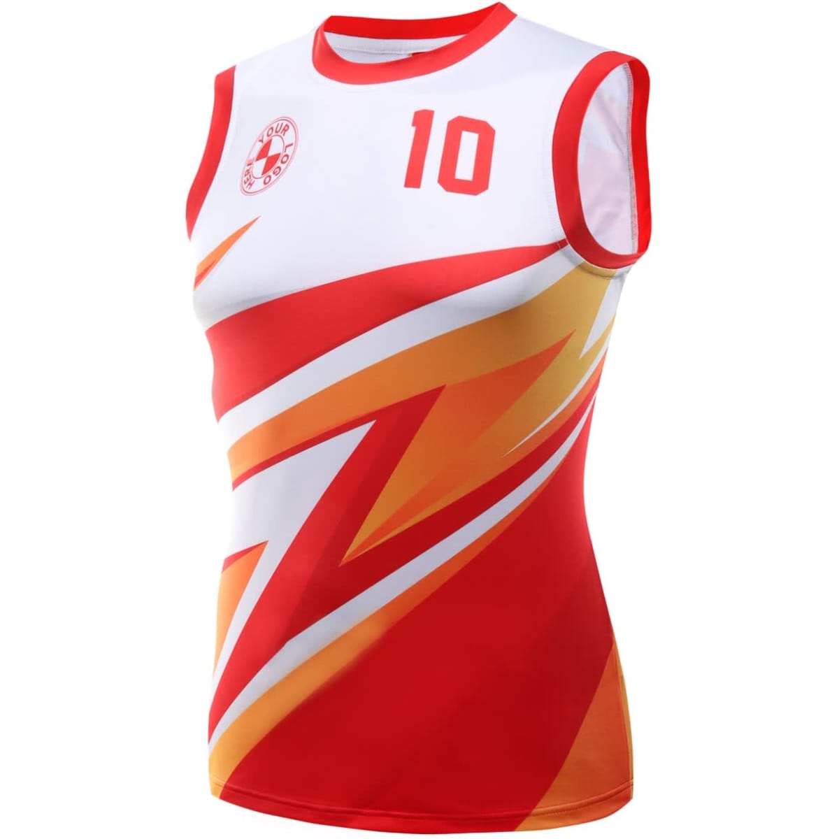 A sleeveless Australian rules football jersey in red, white, and yellow with a dynamic design and a logo.