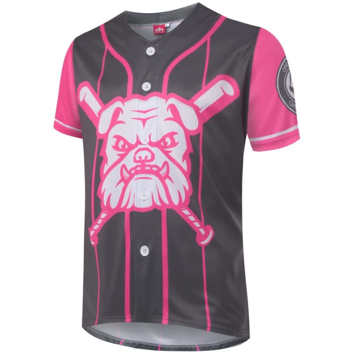 A black and pink baseball jersey with a bulldog graphic and buttons on the front. It features short sleeves and a logo.