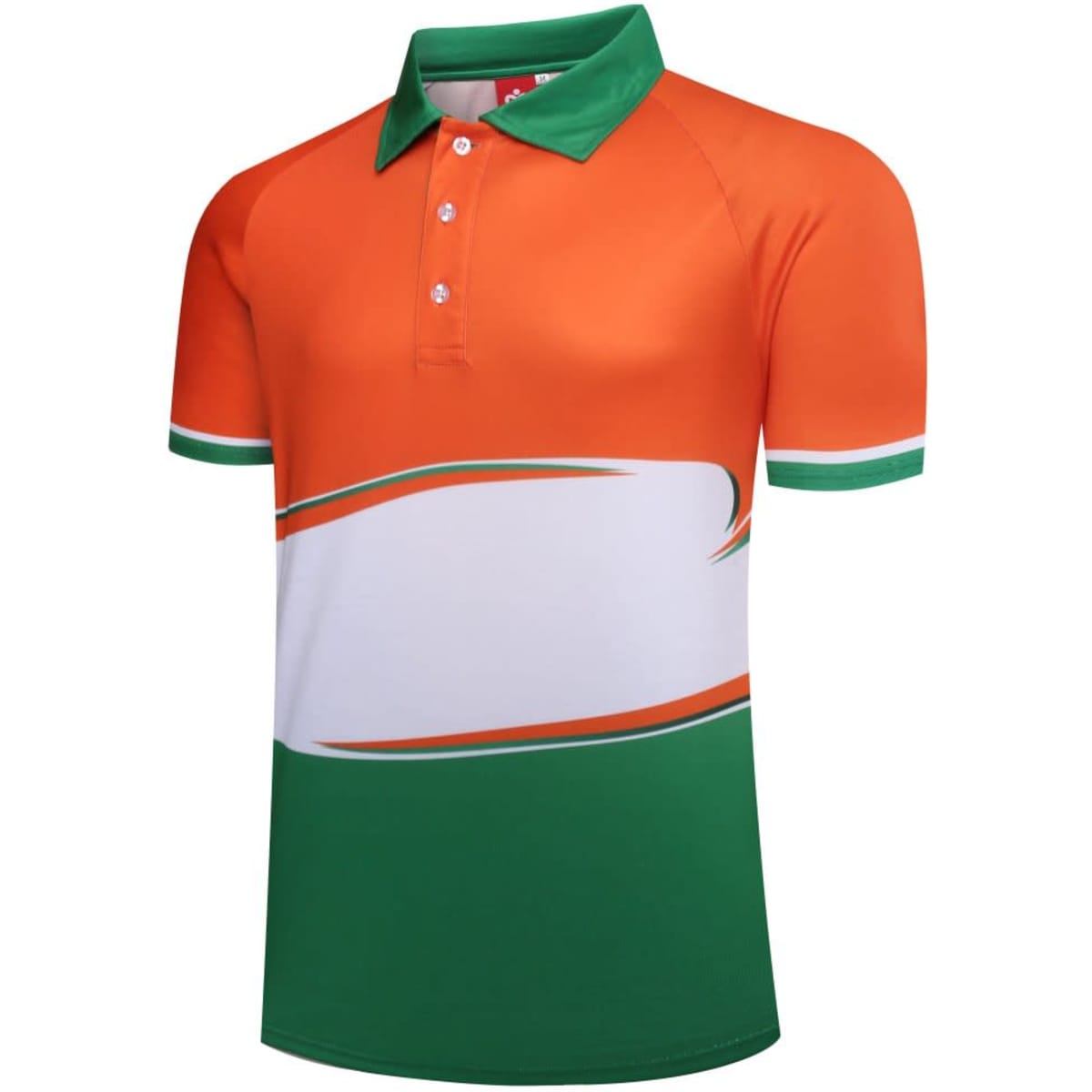 A sporty polo shirt in orange, white, and green with a logo, featuring a classic collar and short sleeves.