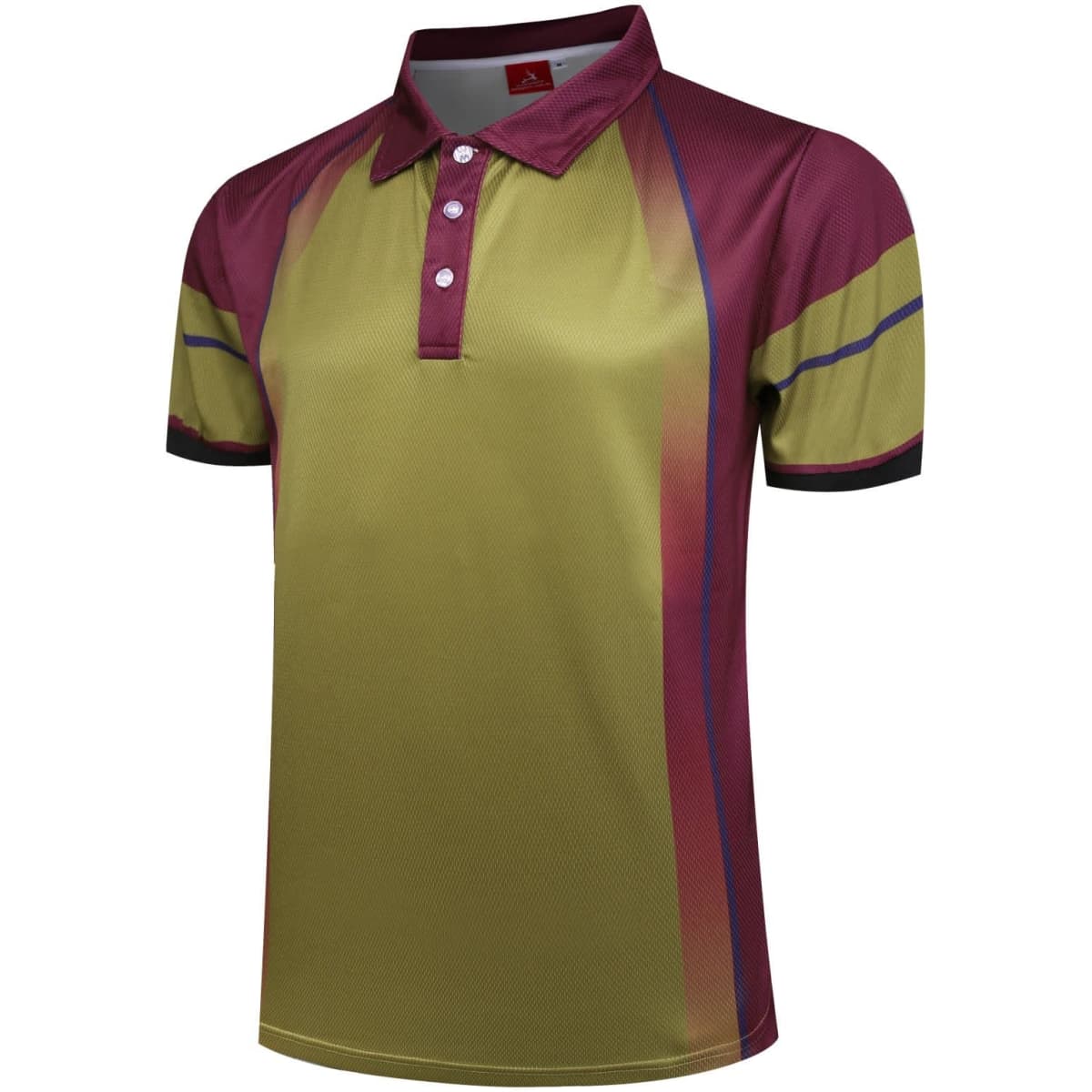A collared polo shirt featuring shades of green, maroon, and black with a logo on the chest area.