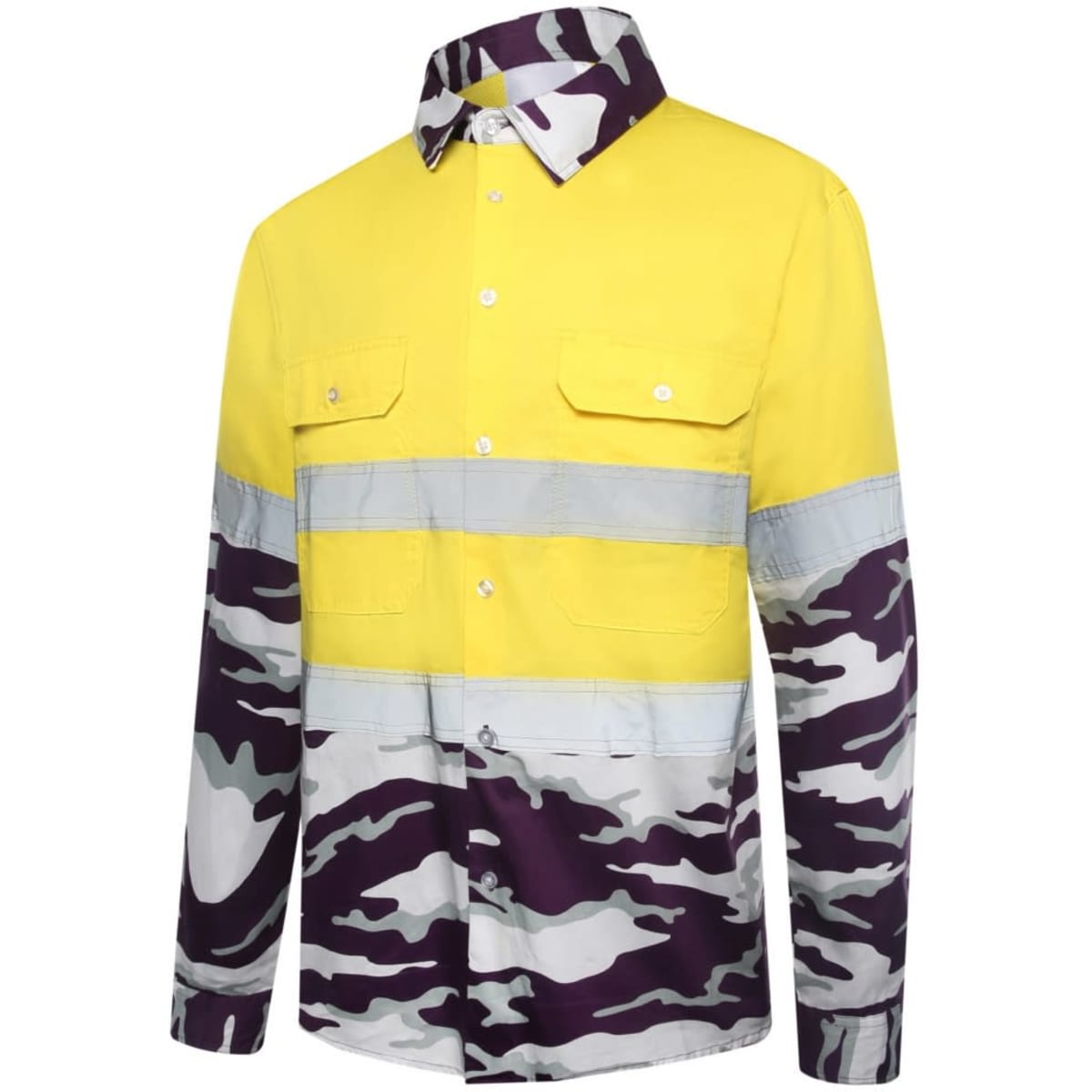 A hi-vis reflective workwear shirt in yellow with purple camouflage patterns and reflective strips. It features a logo.