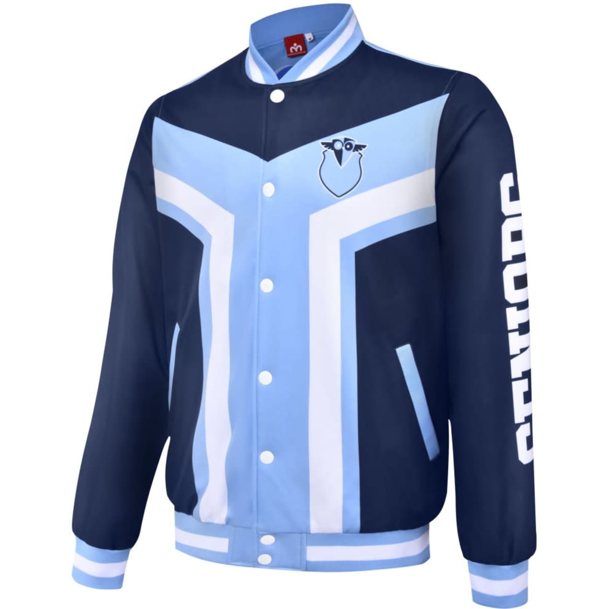 A blue and white leavers jacket featuring a logo and text on the sleeve. It has a sporty design with a collar.