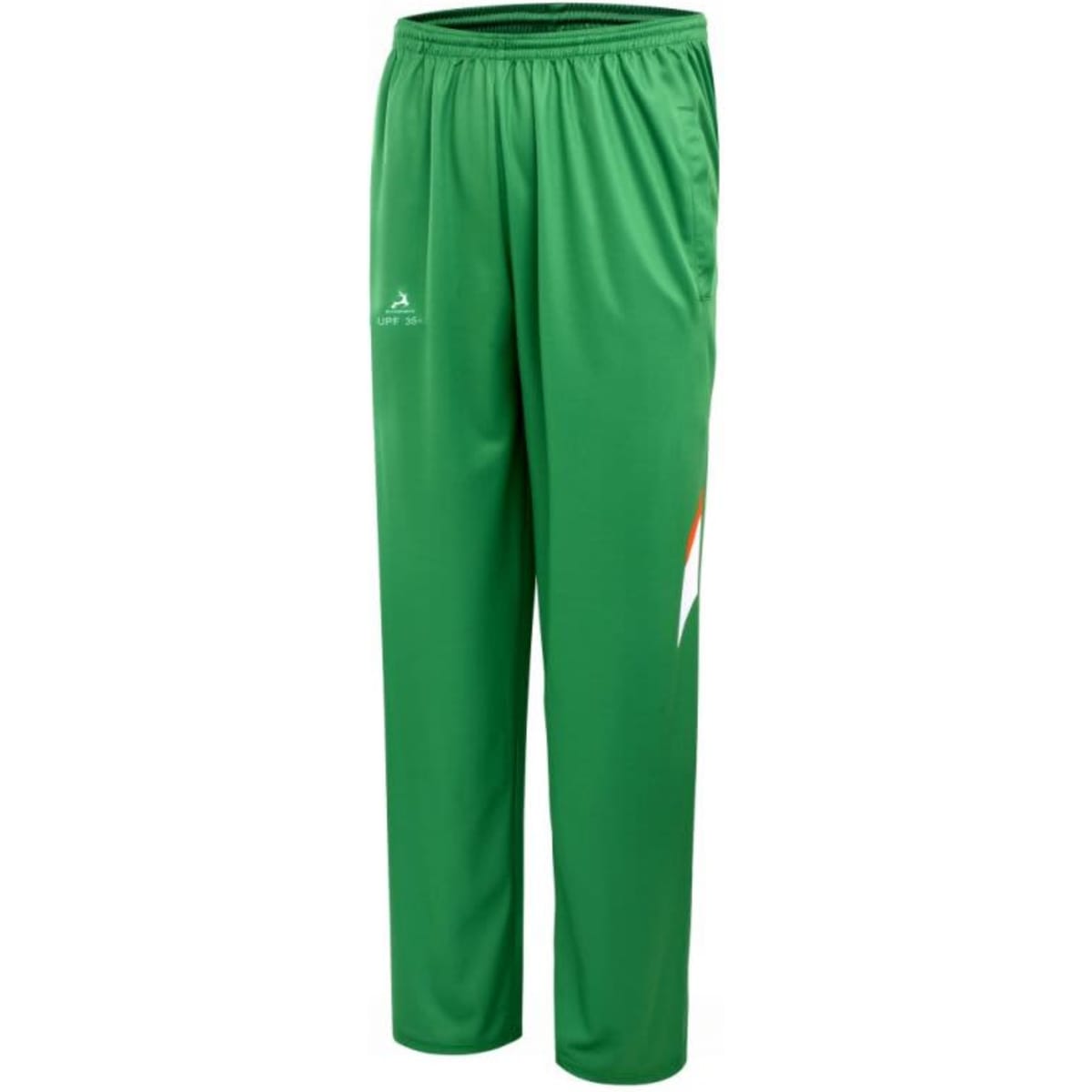 Green tracksuit pants featuring a logo and a colourful design on the side. Ideal for sports or casual wear.