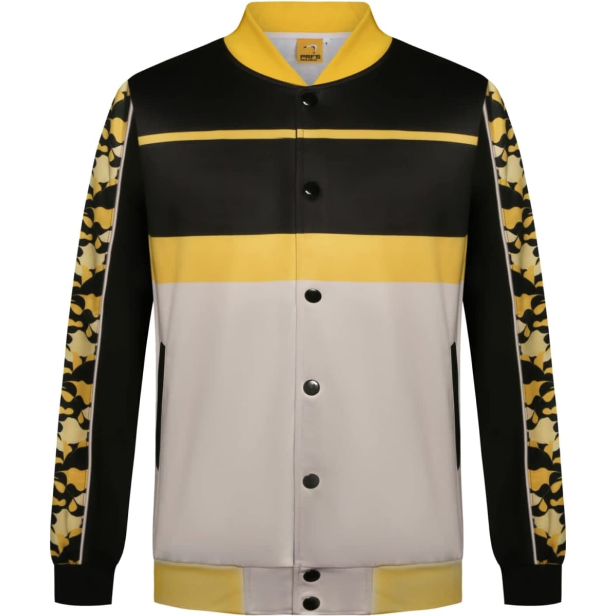 A jacket in black, yellow, and cream with patterned sleeves and a logo on the front.