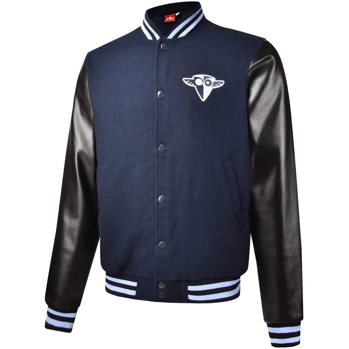 A navy letterman jacket with black sleeves and a logo on the chest. Features striped collar and cuffs.