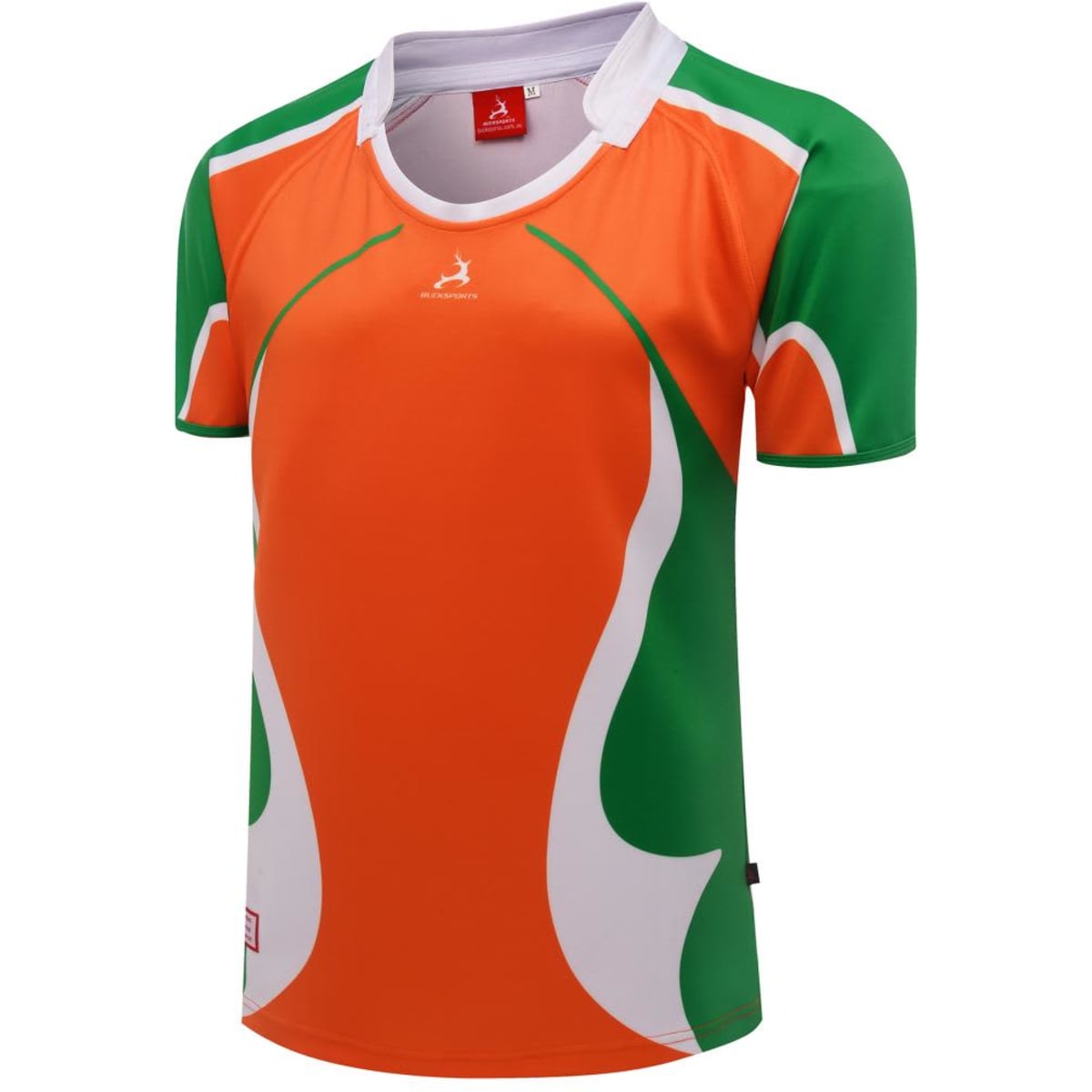 A rugby tee in vibrant orange and green, featuring a stylish design and a logo on the front.