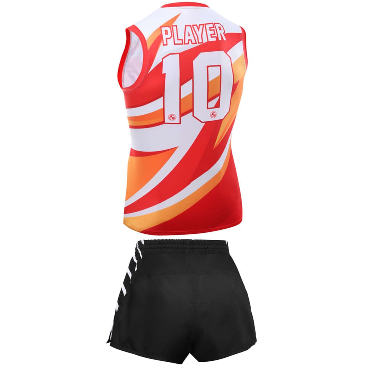 A red AFL jersey with a colourful design and the number 10, paired with black shorts. Features a branding logo.