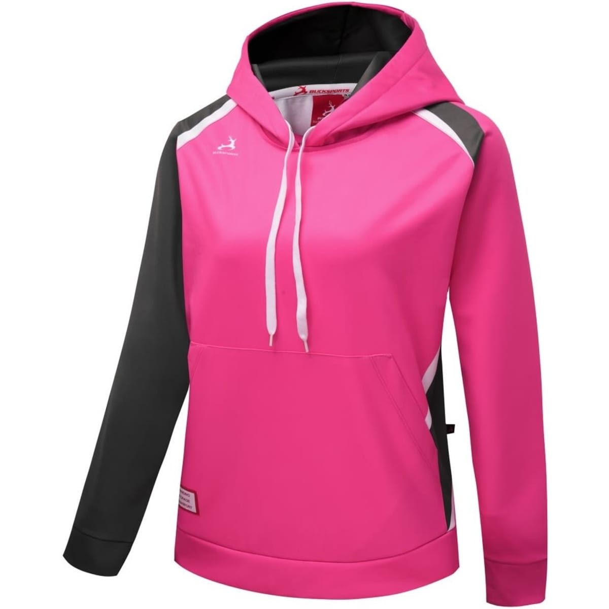 A pink and grey hoodie with a front pocket and a hood, featuring a logo on the upper left.