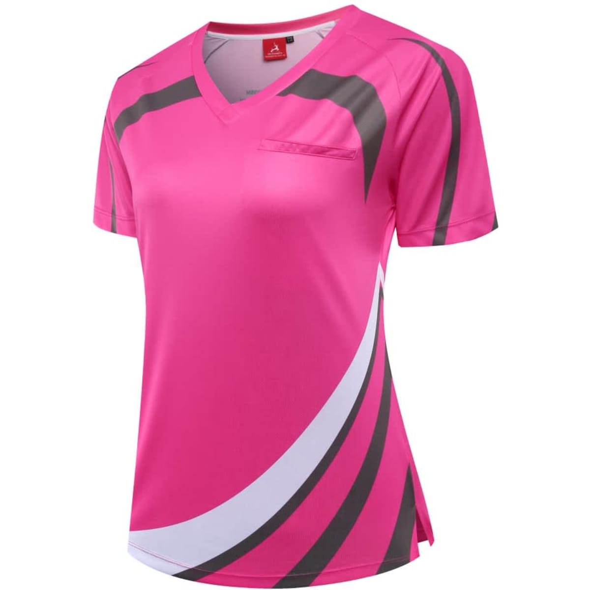 A bright pink custom lady t-shirt featuring a V-neck design and contrasting grey and white patterns, with a small pocket.