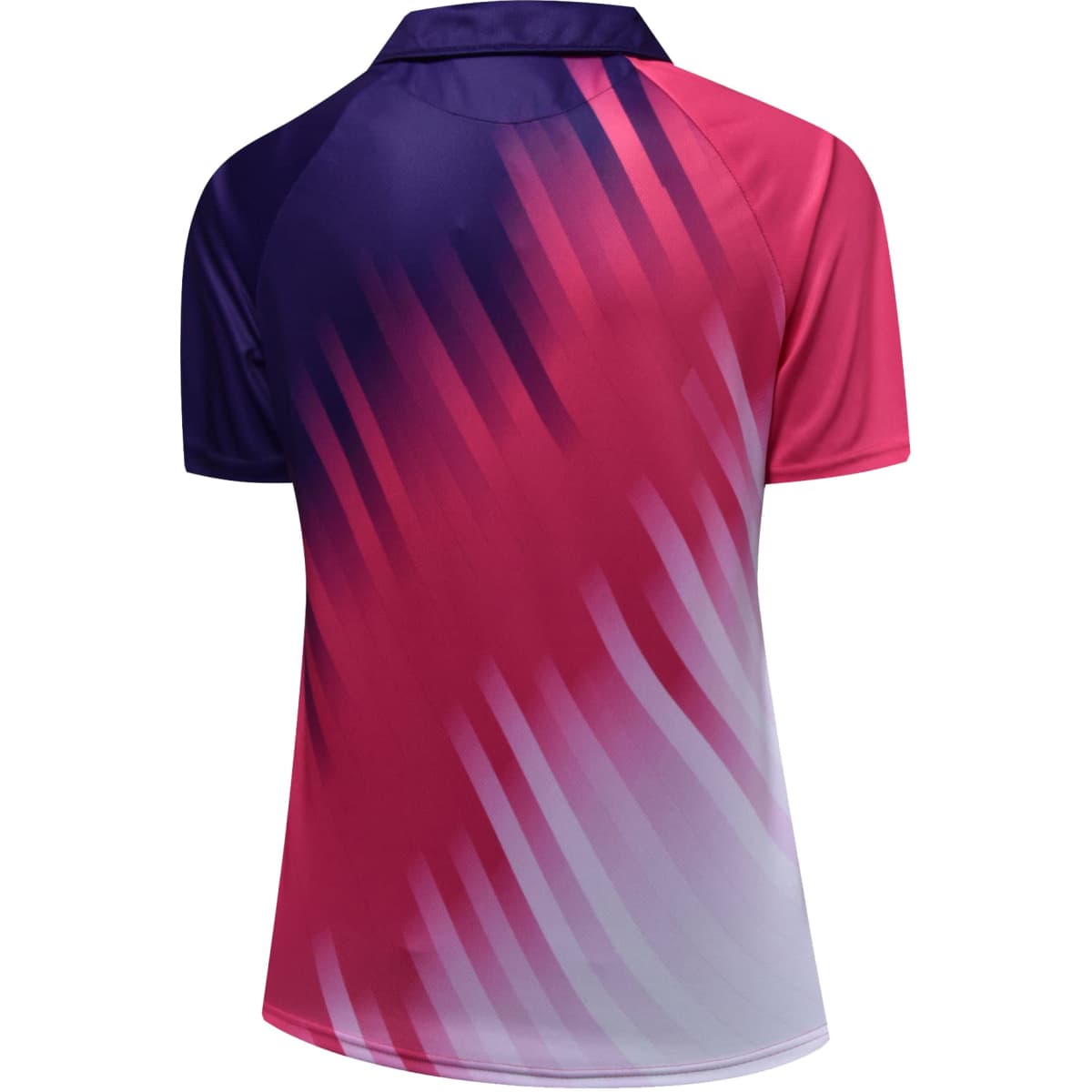 A fabric shirt featuring a gradient design in shades of purple, pink, and white, with a logo on the chest.