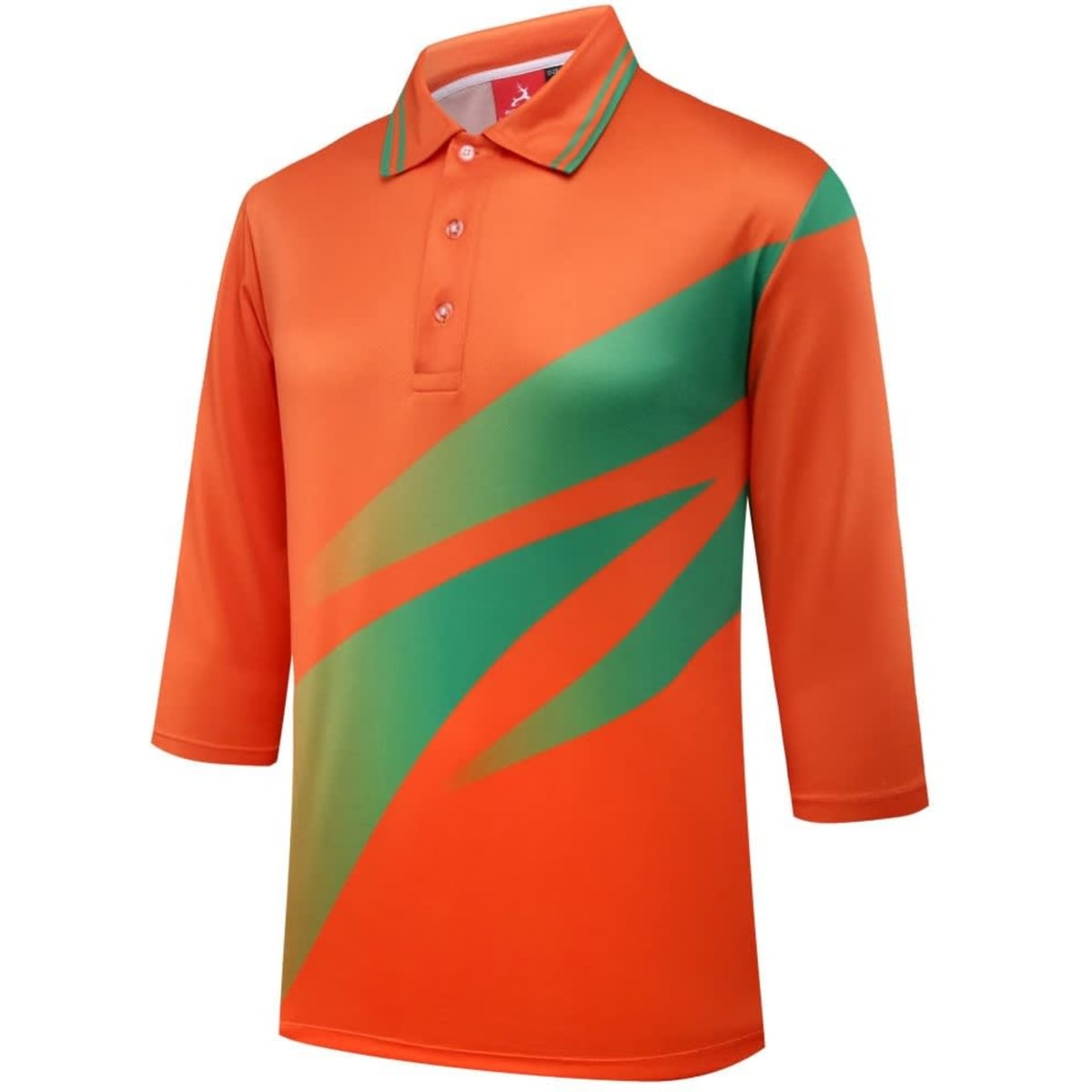 An orange and green polo shirt with a three-quarter sleeve and a collar. Features a logo on the chest.