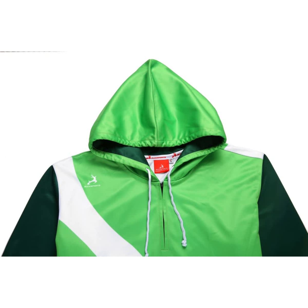 A custom athletic hoodie in vibrant green with a white design and a lined hood, featuring a logo.
