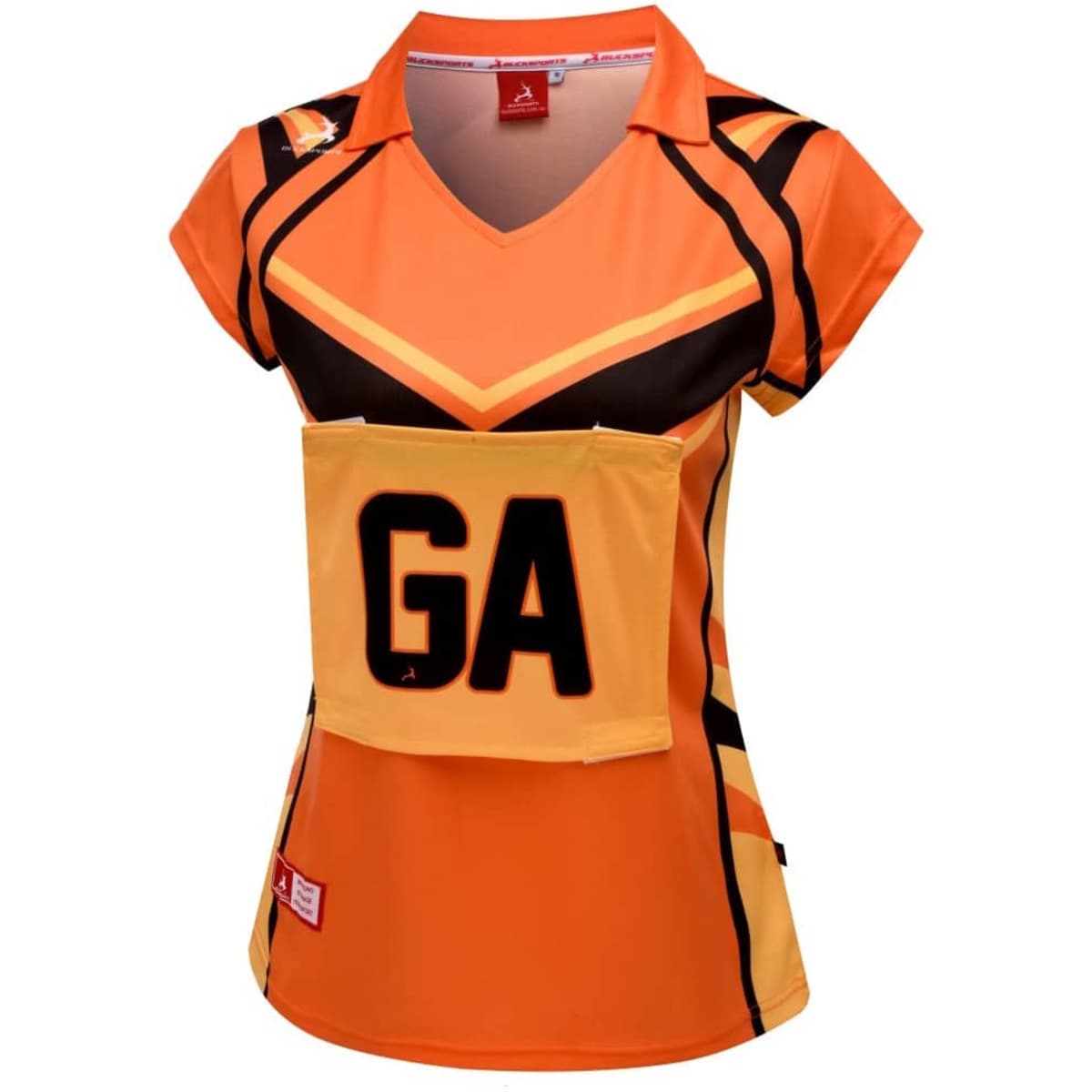 A sports polo in vibrant orange and black, featuring a yellow patch with "GA" on the front. It has a logo.
