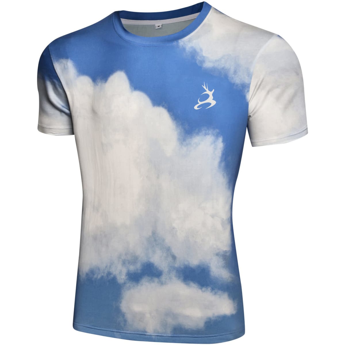 A fitted cotton tee in blue featuring a cloud design and a small logo on the chest.