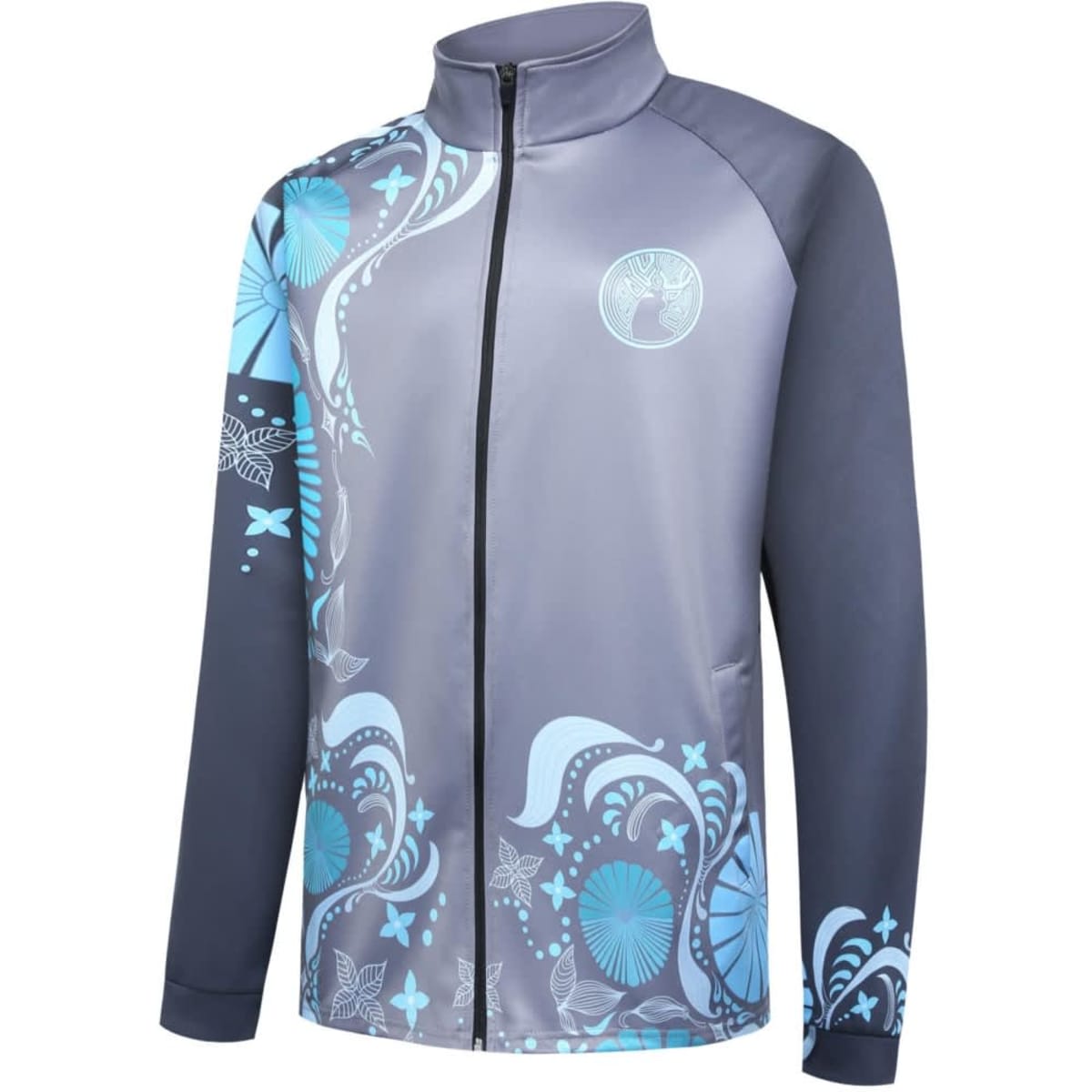 A grey and blue jacket featuring a floral design and a logo, designed for sports uniforms.