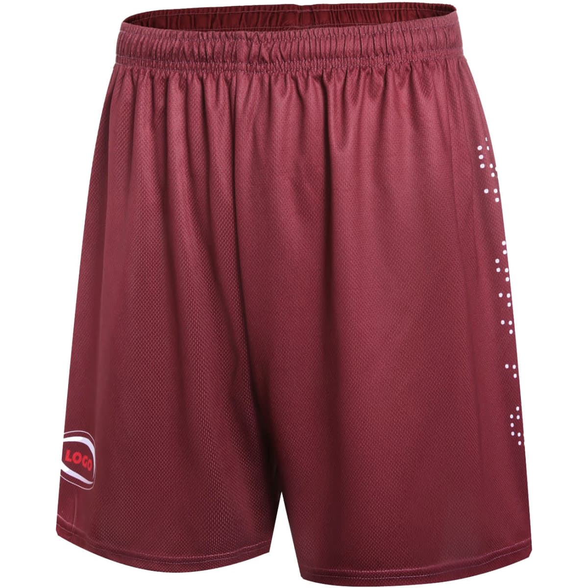 Maroon shorts featuring a logo, designed with breathable fabric and an elastic waistband.