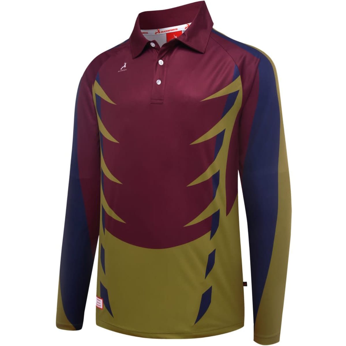 A long-sleeved polo shirt featuring a maroon, green, and navy design, with one logo on the front.