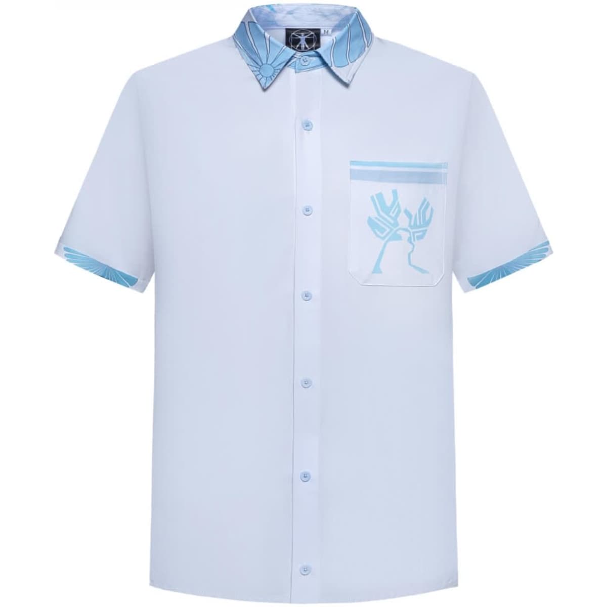 Short-sleeved light blue school wear shirt featuring a patterned collar and a front pocket with a logo.