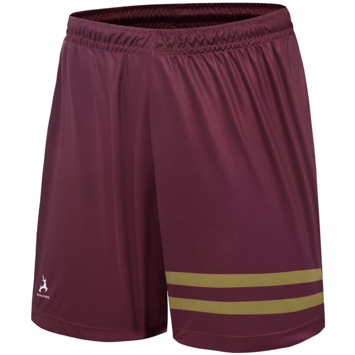 Maroon shorts with two olive green stripes at the hem and an unbranded logo on the lower left.