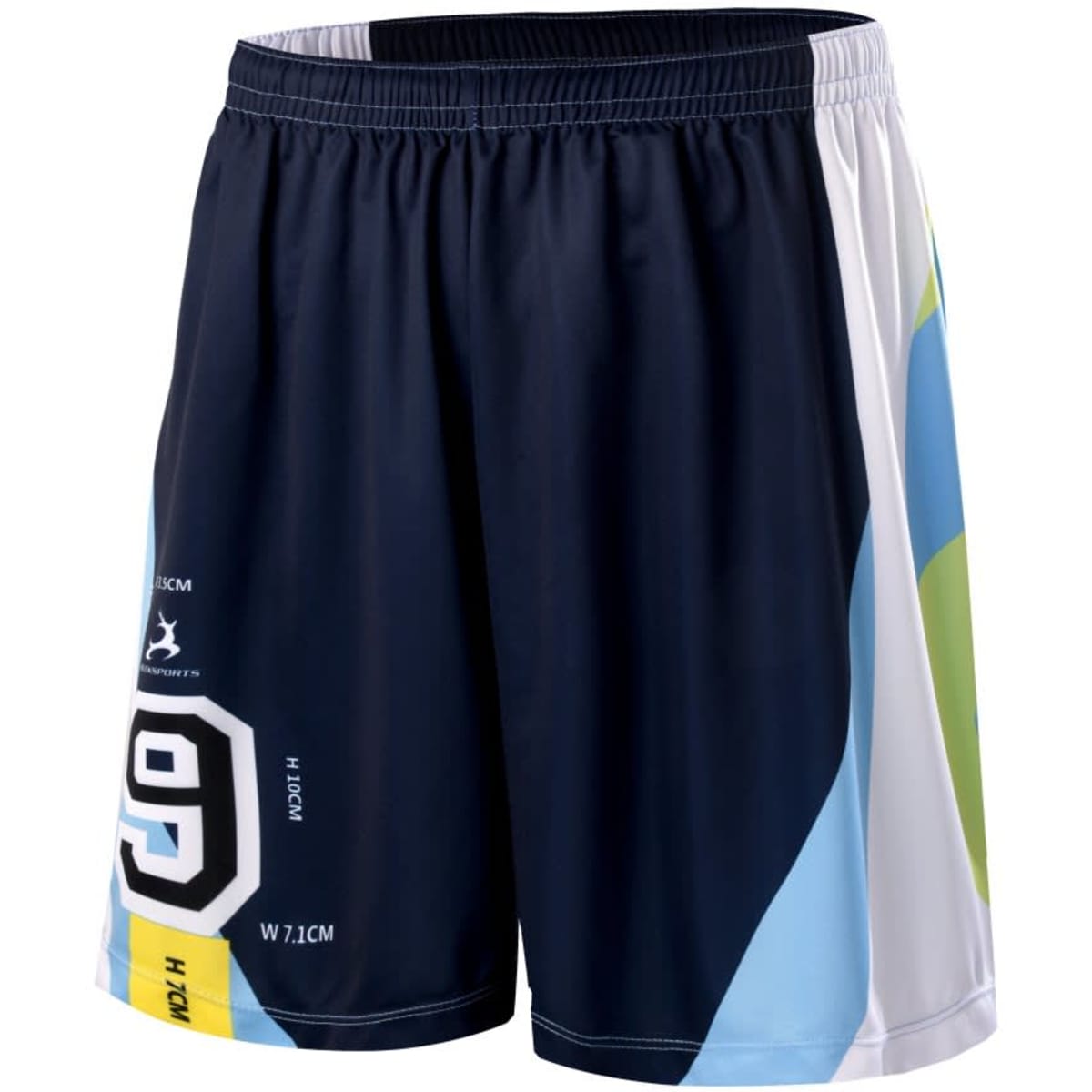 Navy and light blue soccer shorts featuring a logo and a number design on the front.