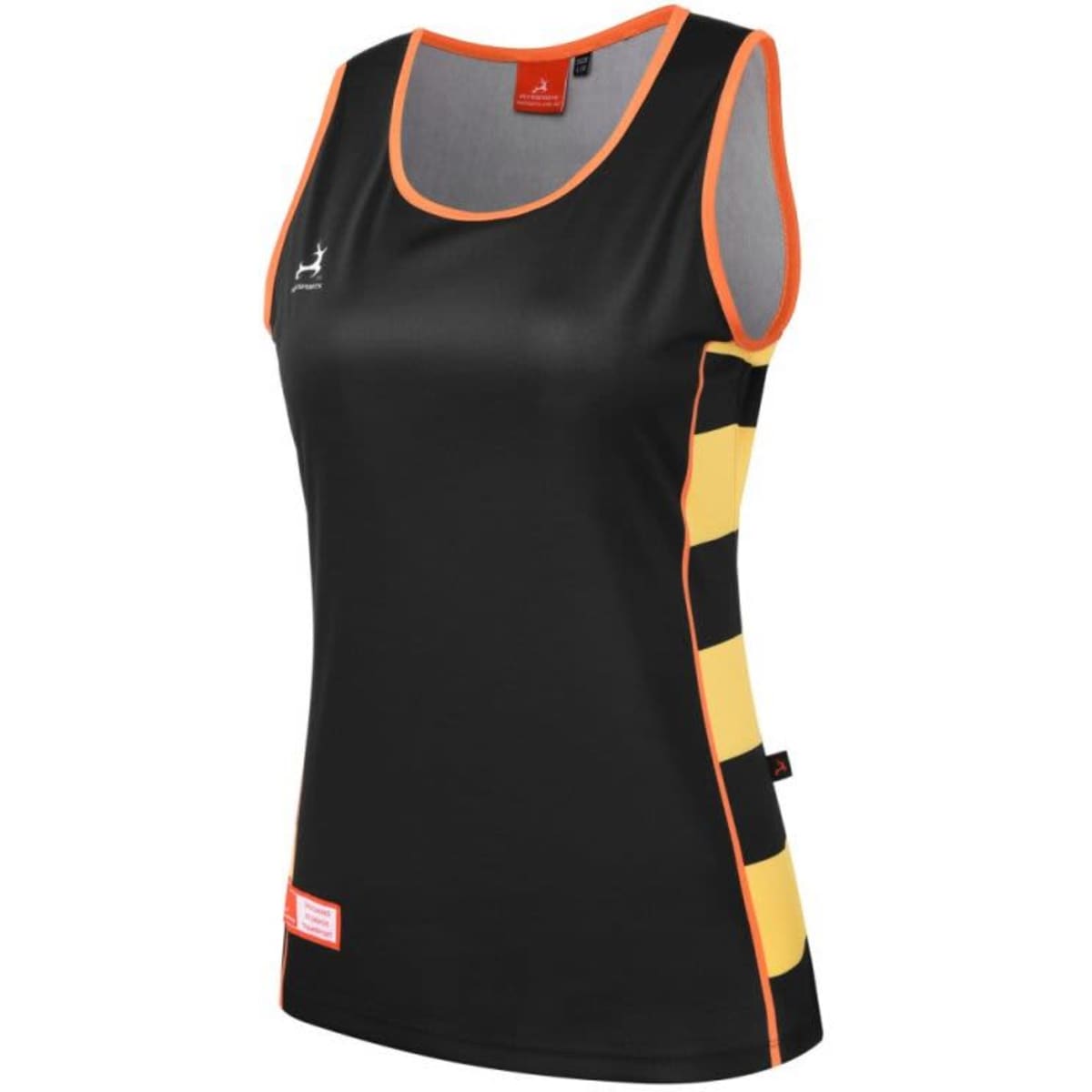A black singlet with orange trim and yellow stripes on the side, featuring a logo on the front.