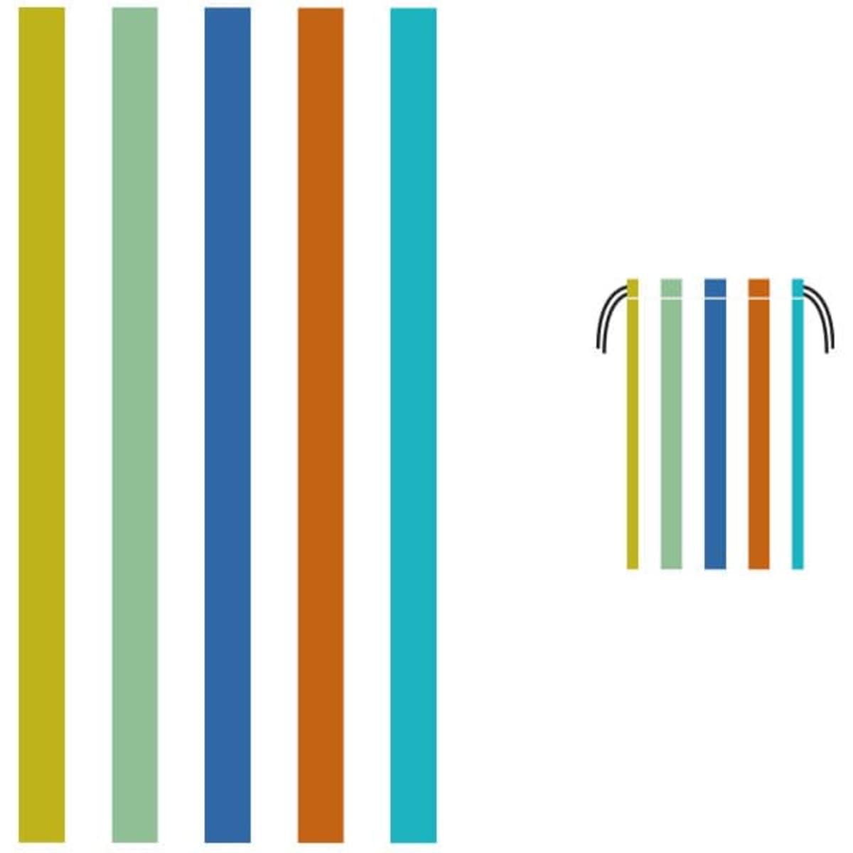 A beach towel featuring vertical stripes in lime green, aqua, navy, orange, and light blue, with a smaller version shown.