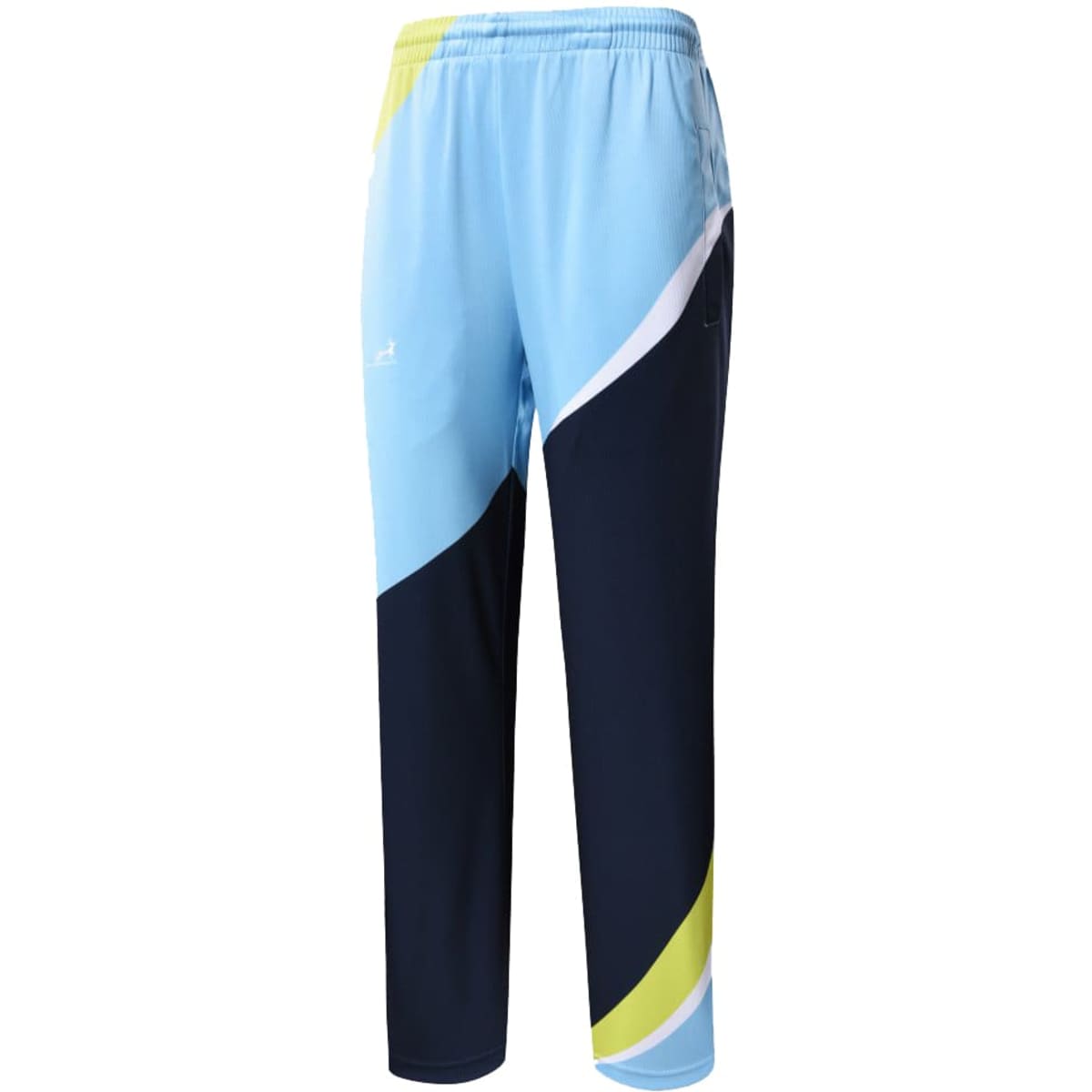 Track pants in light blue, navy, and lime green with a side logo. Designed for active wear.