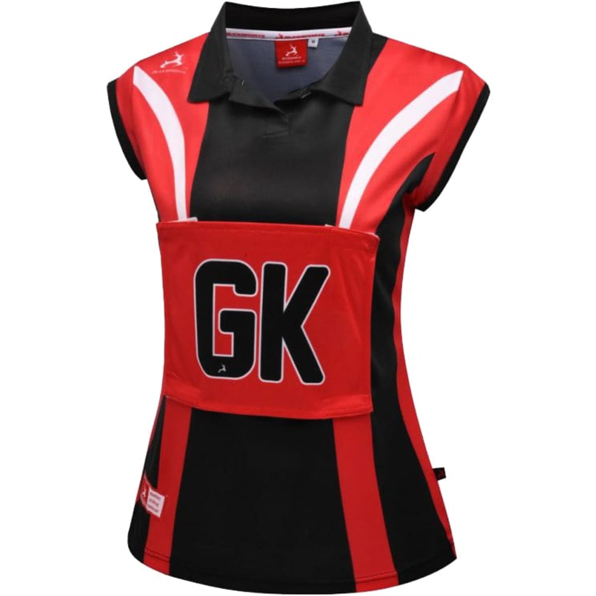 A black and red netball polo shirt with a collar and a front pocket featuring 'GK' lettering. It has a logo on it.