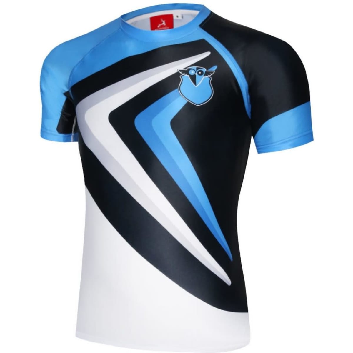 A fitted t-shirt featuring a blue and black design with a logo on the chest.