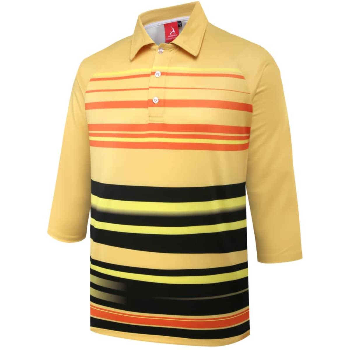 A polo shirt featuring horizontal stripes in yellow, orange, and black. The shirt includes a collar and buttons.