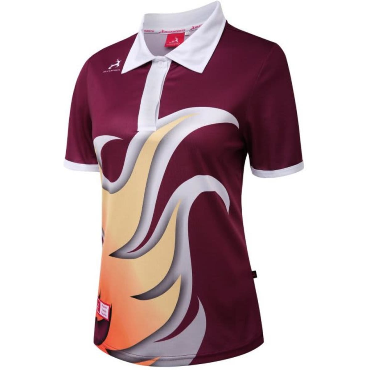 A maroon women's polo shirt with a stylised graphic design in orange and white, featuring a logo on the chest.