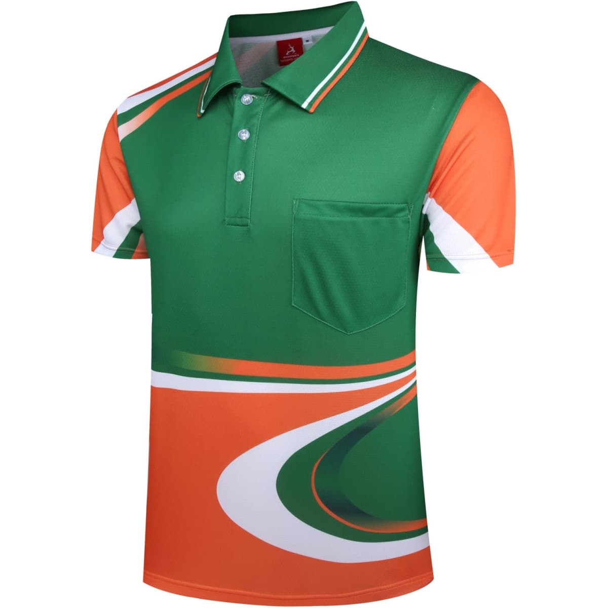 A green and orange polo shirt featuring a pocket and a stylish wave design, with a logo on the collar.