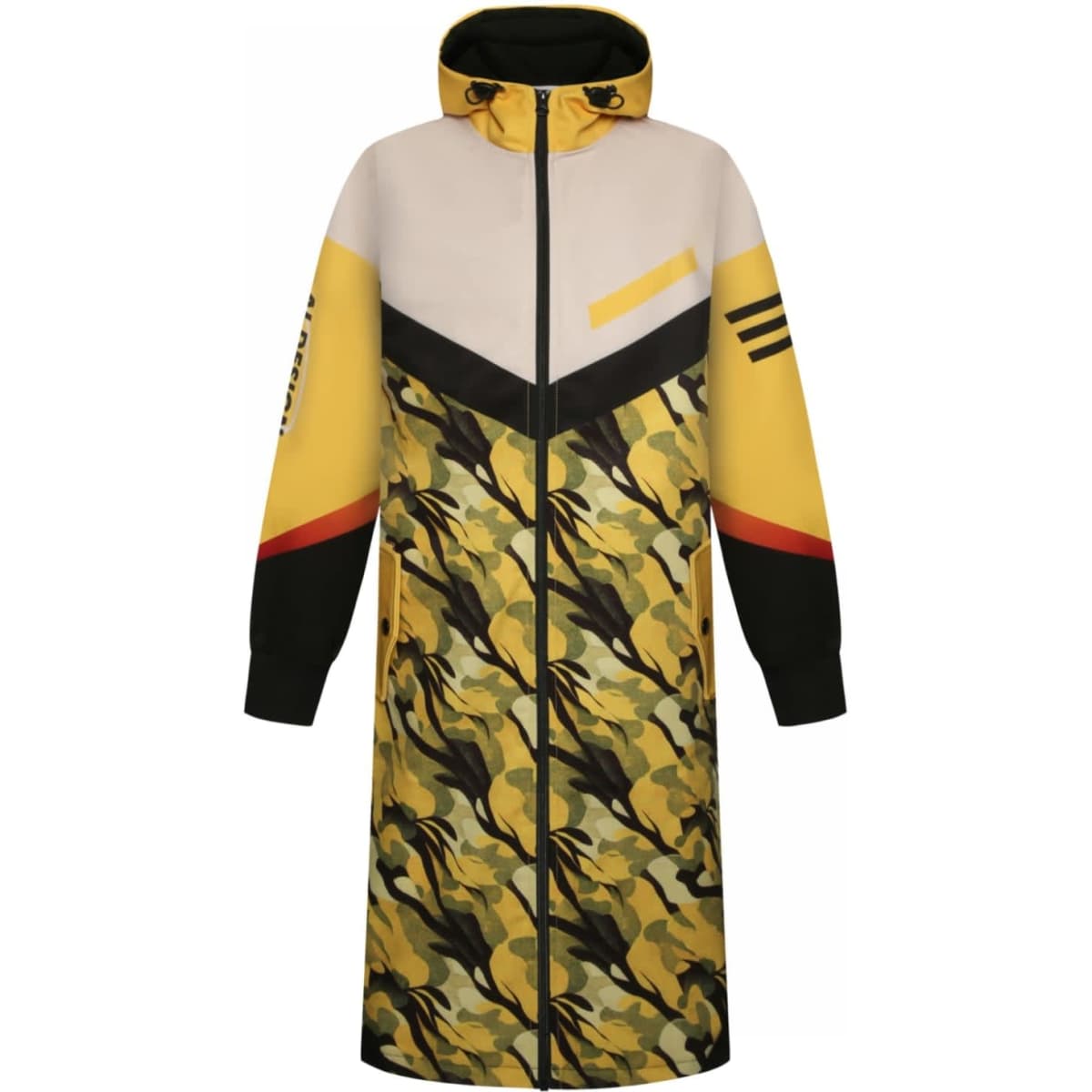 A long, multi-coloured jacket featuring a camouflage pattern in yellow, green, and black, with a hood and branding.