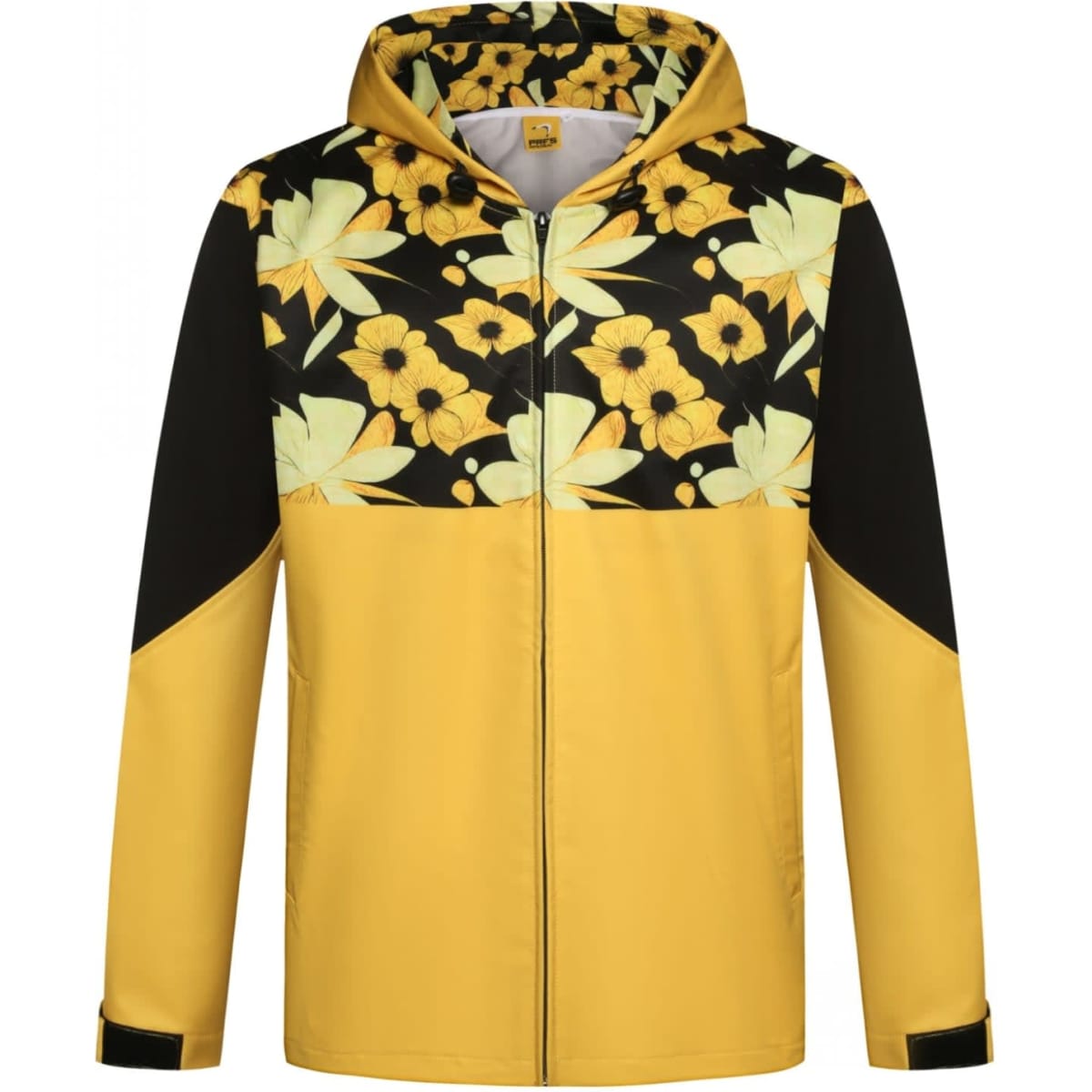 A yellow softshell jacket featuring a floral design on the hood and upper part, with black sleeves and details.