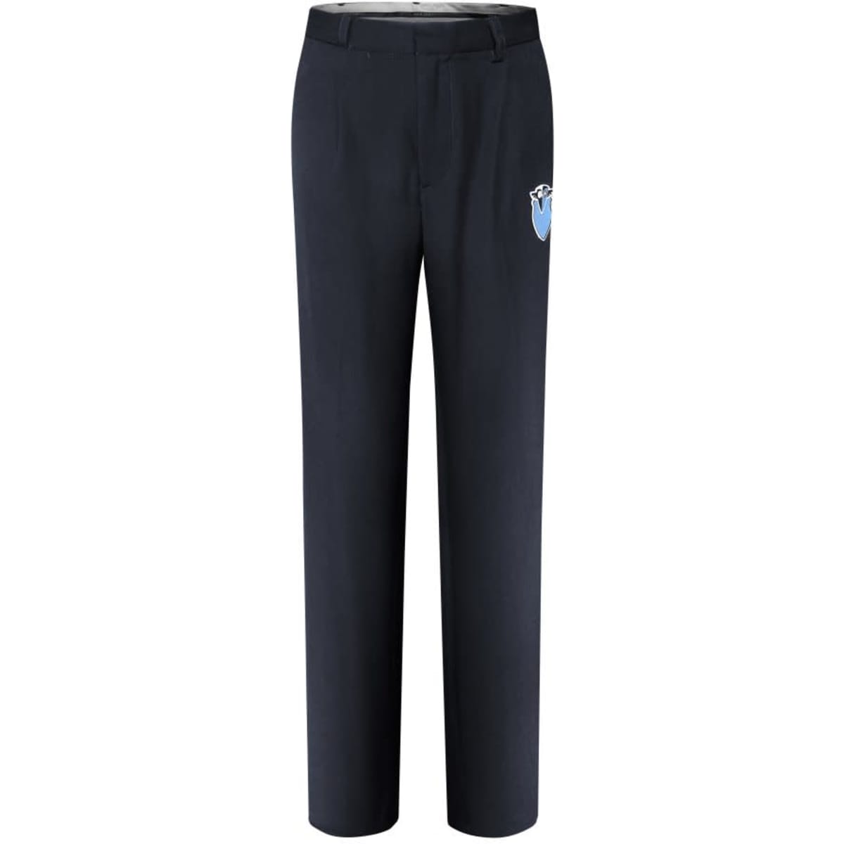Navy blue suit pants with a logo on the side. Tailored design for formal or school settings.