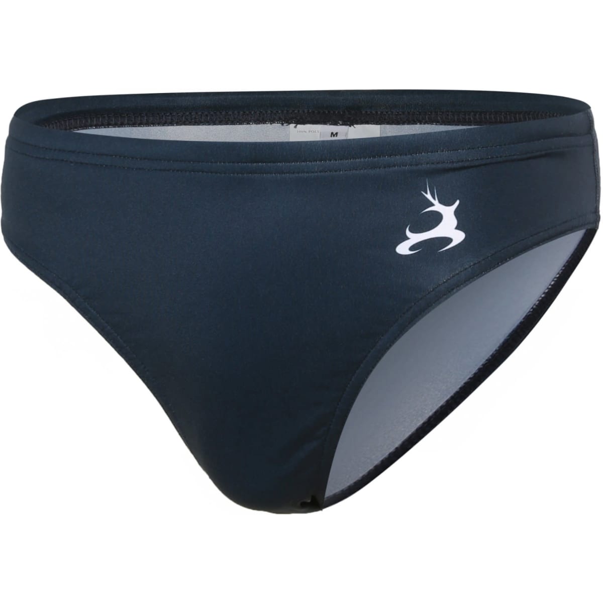 A navy swimming brief featuring an anti-chlorine treatment and a logo on the front.