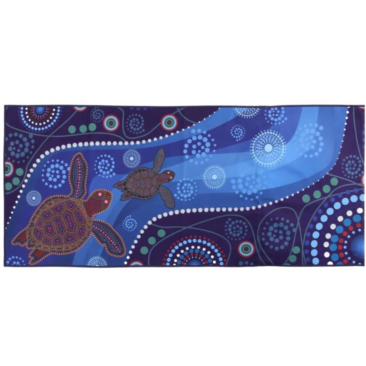 A spread towel featuring a vibrant design with turtles and circular patterns in shades of blue and purple.