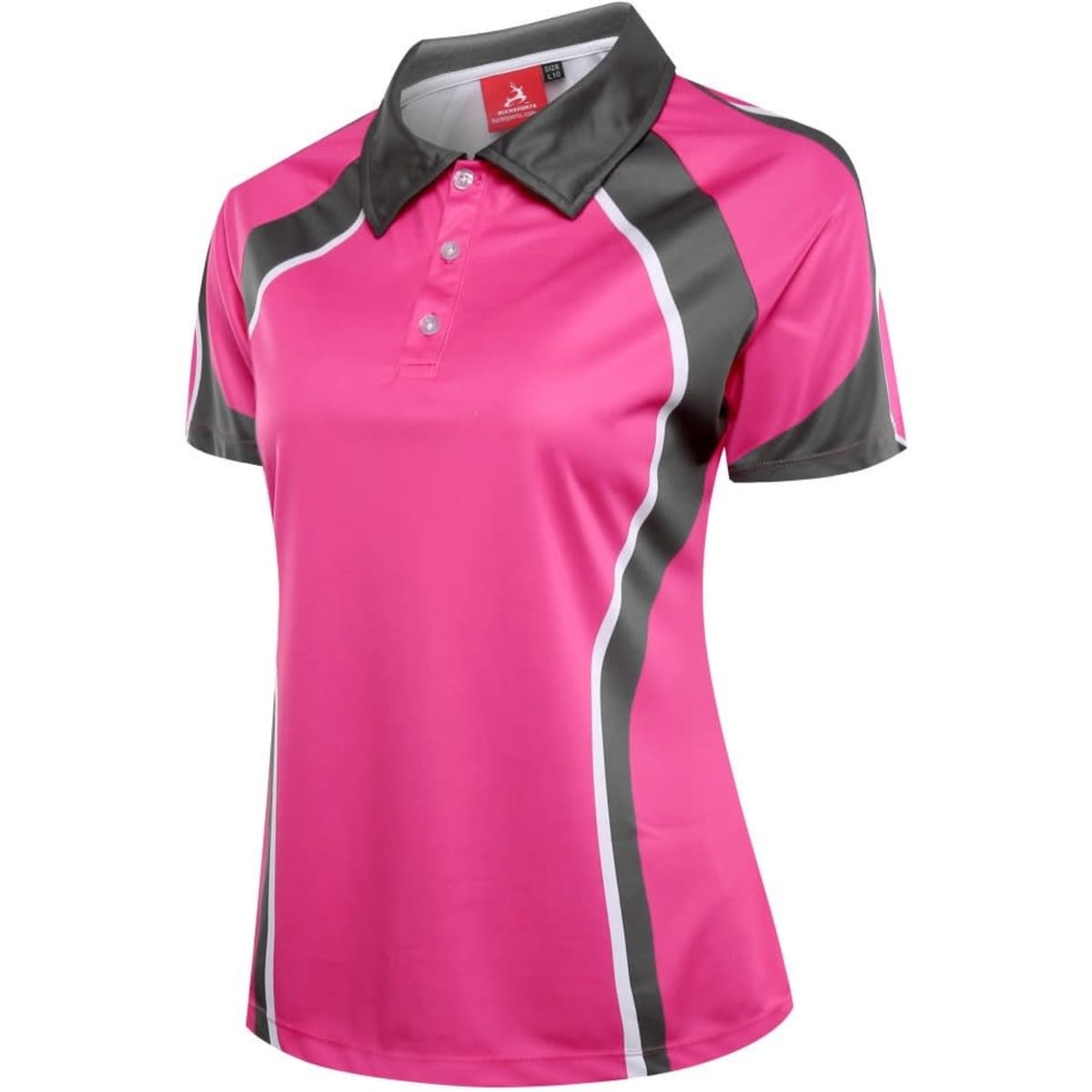 A pink and grey sublimated polo shirt featuring a collar and button placket, with stylish panels and a logo.