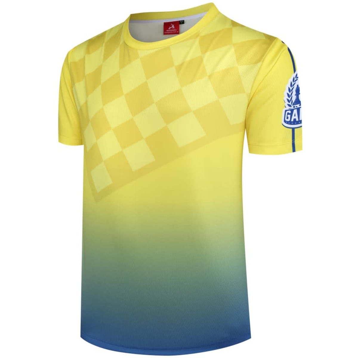 A yellow and blue gradient shirt featuring a checkerboard pattern and a logo on the sleeve.