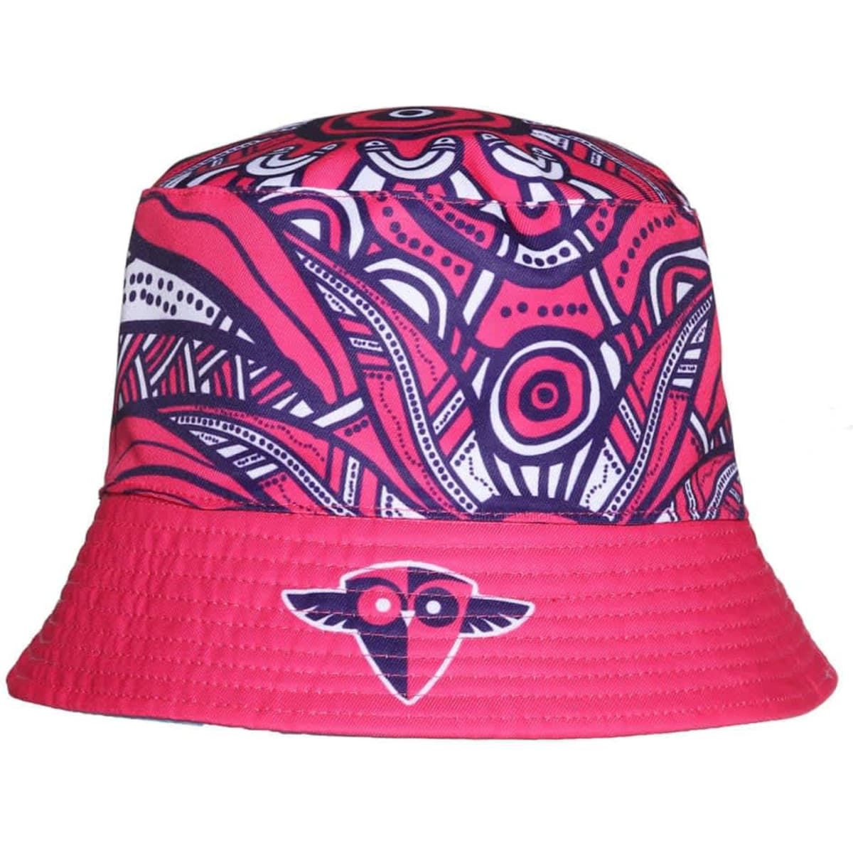A reversible bucket hat featuring a vibrant pink and navy pattern, with a logo on the front.