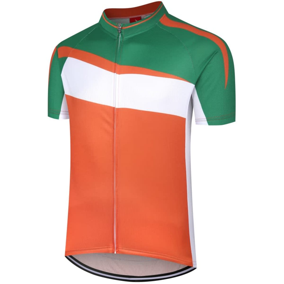 A cycling team wear top featuring green, orange, and white colours with a full zipper and short sleeves.